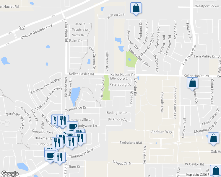 map of restaurants, bars, coffee shops, grocery stores, and more near 4000 Petersburg Drive in Fort Worth