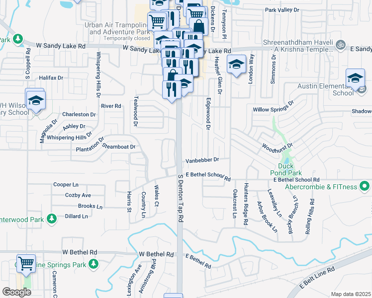 map of restaurants, bars, coffee shops, grocery stores, and more near 330 South Denton Tap Road in Coppell