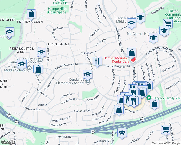 map of restaurants, bars, coffee shops, grocery stores, and more near 8920 Twin Trails Drive in San Diego