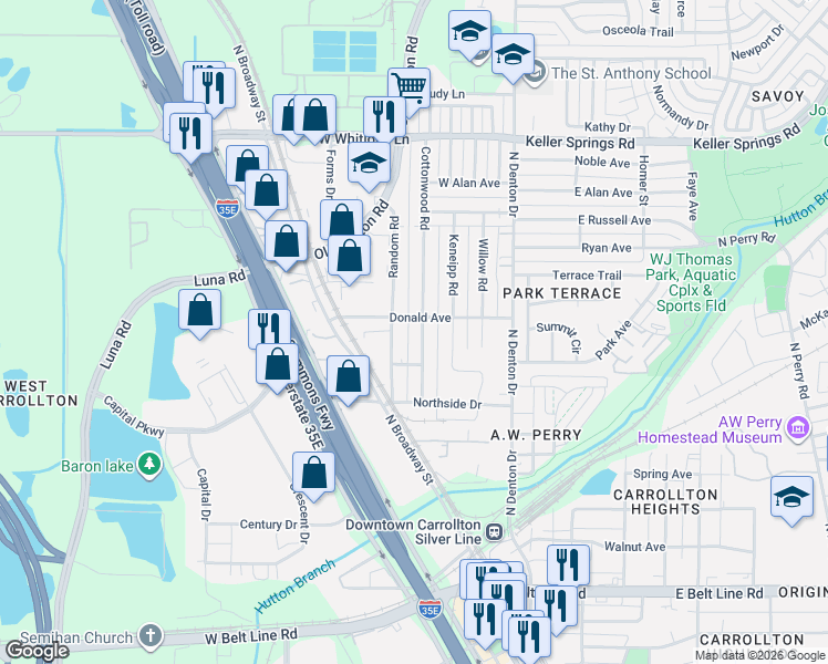 map of restaurants, bars, coffee shops, grocery stores, and more near 1205 Donald Avenue in Carrollton