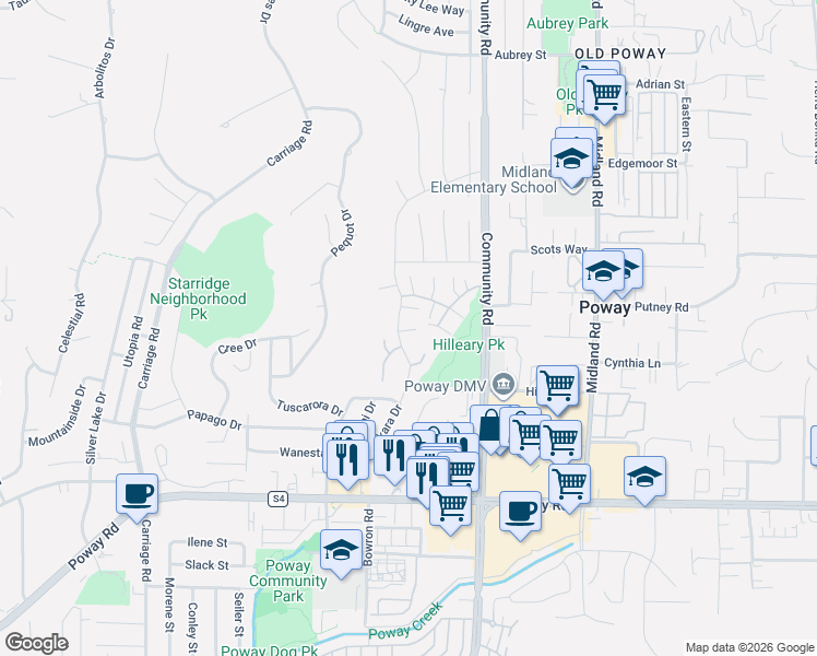 map of restaurants, bars, coffee shops, grocery stores, and more near 13669 Comuna Drive in Poway