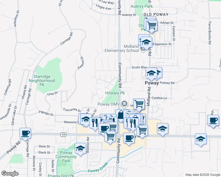map of restaurants, bars, coffee shops, grocery stores, and more near 13655 Sycamore Tree Lane in Poway