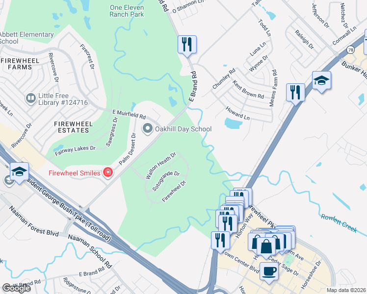 map of restaurants, bars, coffee shops, grocery stores, and more near 1000 East Brand Road in Garland