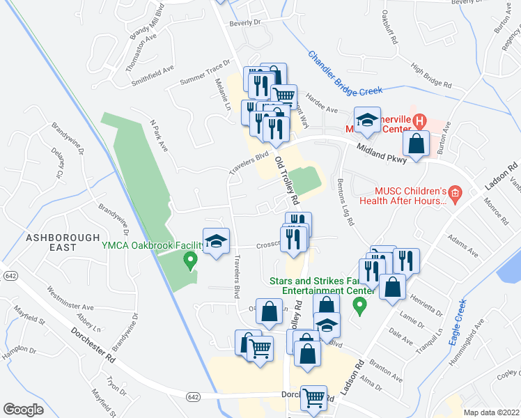 map of restaurants, bars, coffee shops, grocery stores, and more near 1660 Old Trolley Road in Summerville