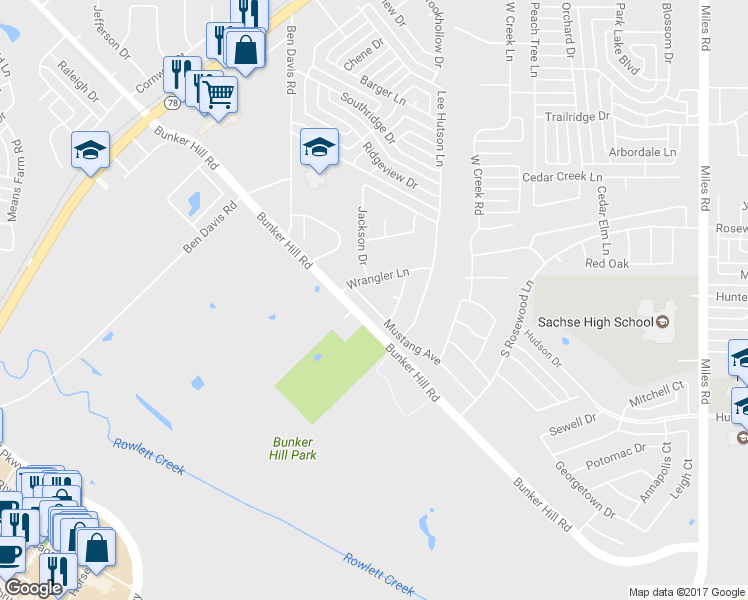 map of restaurants, bars, coffee shops, grocery stores, and more near 4128 Mane Drive in Sachse