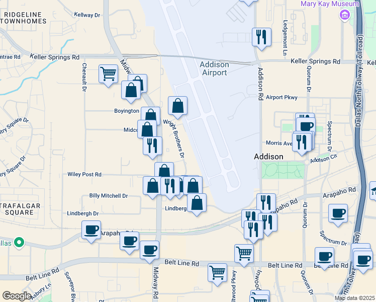 map of restaurants, bars, coffee shops, grocery stores, and more near 15508 Wright Brothers Drive in Addison