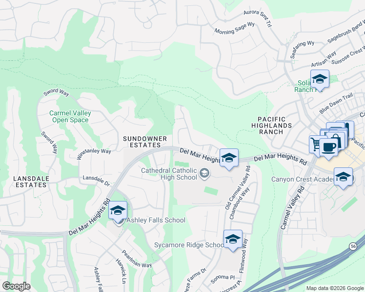 map of restaurants, bars, coffee shops, grocery stores, and more near 13430 El Presidio Trail in San Diego