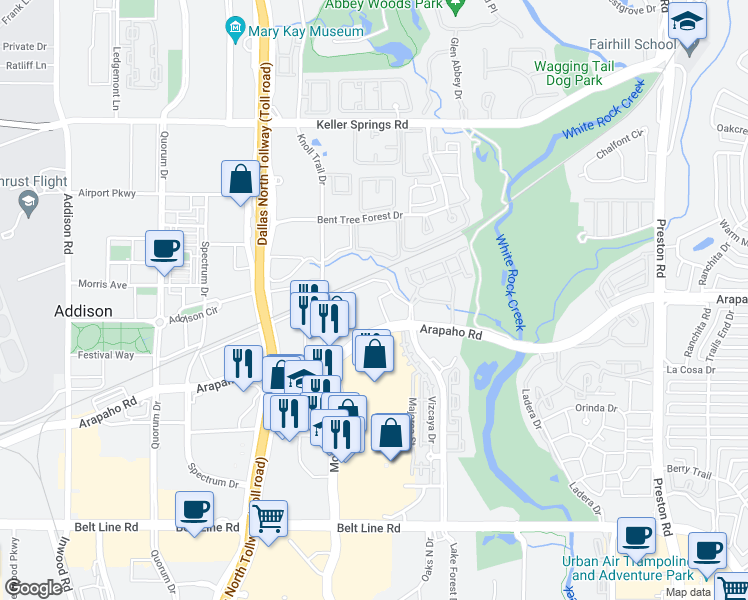 map of restaurants, bars, coffee shops, grocery stores, and more near 5555 Arapaho Road in Dallas
