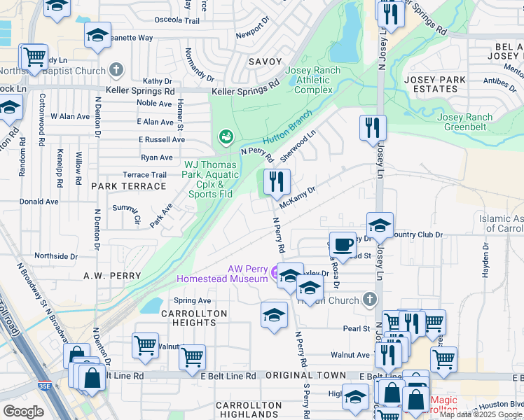map of restaurants, bars, coffee shops, grocery stores, and more near 1803 Angleridge Cove in Carrollton