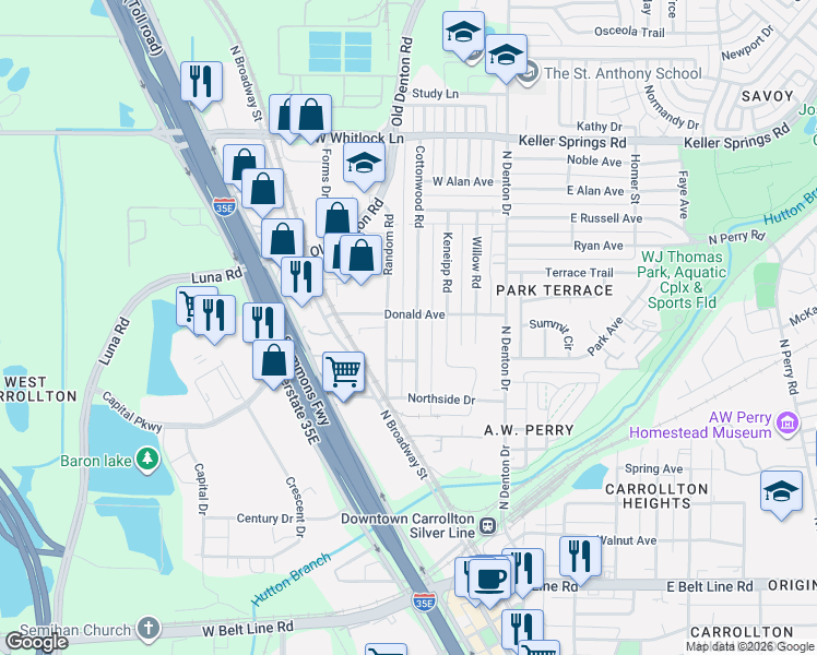 map of restaurants, bars, coffee shops, grocery stores, and more near 1205 Donald Avenue in Carrollton