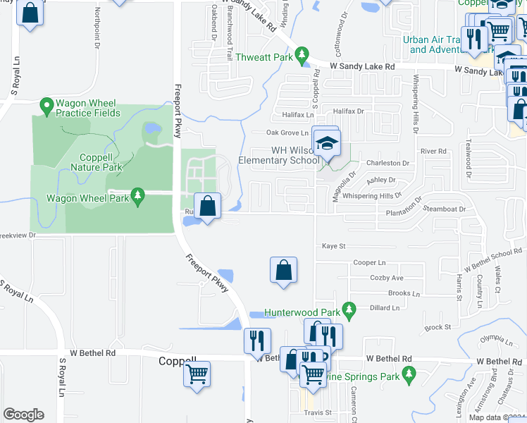 map of restaurants, bars, coffee shops, grocery stores, and more near 96 Oak Village Mobile Home Park in Coppell