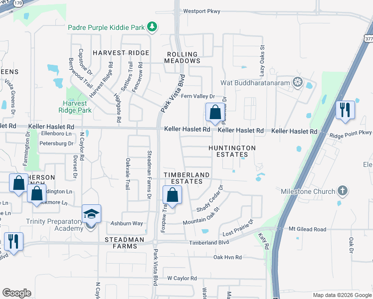 map of restaurants, bars, coffee shops, grocery stores, and more near 4521 Willow Rock Lane in Fort Worth