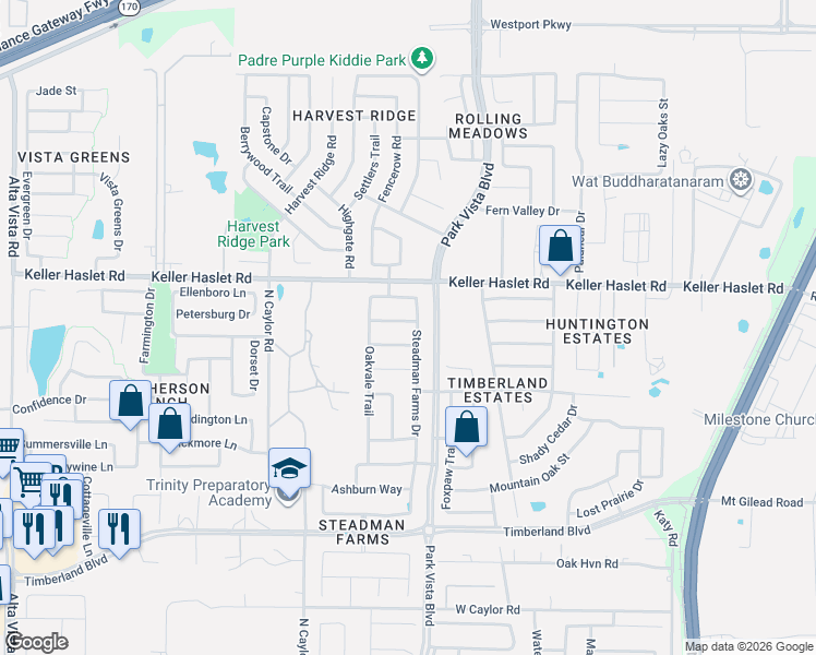 map of restaurants, bars, coffee shops, grocery stores, and more near 4325 Old Grove Way in Keller