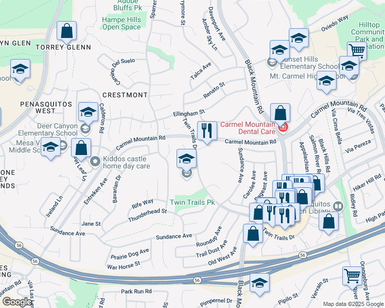 map of restaurants, bars, coffee shops, grocery stores, and more near 8920 Twin Trails Drive in San Diego