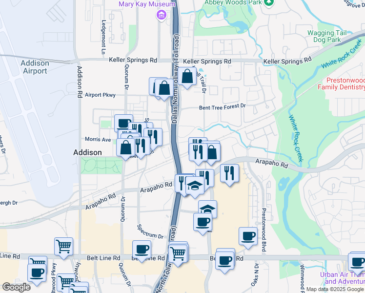map of restaurants, bars, coffee shops, grocery stores, and more near 15660 Dallas Parkway in Dallas