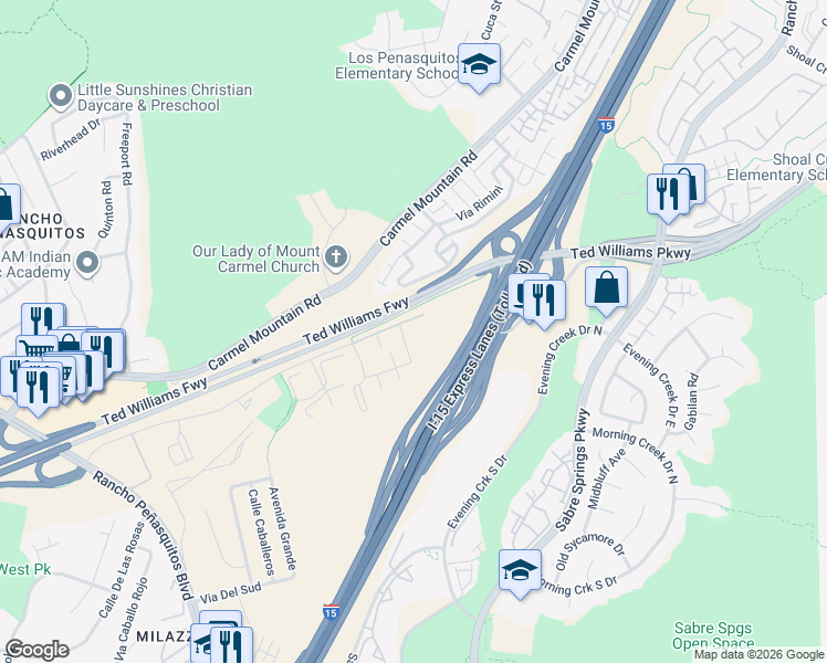 map of restaurants, bars, coffee shops, grocery stores, and more near 10373 Azuaga Street in San Diego