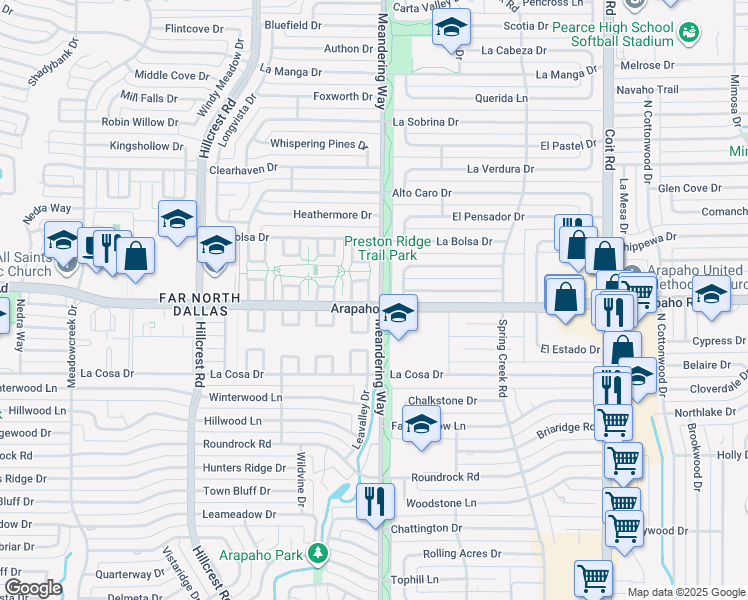 map of restaurants, bars, coffee shops, grocery stores, and more near 15755 Meandering Way in Dallas