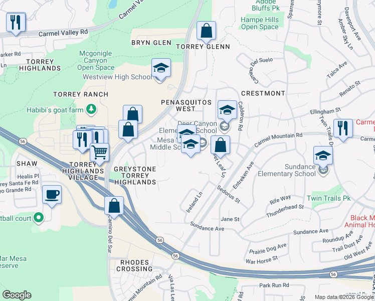 map of restaurants, bars, coffee shops, grocery stores, and more near 8375 Entreken Way in San Diego
