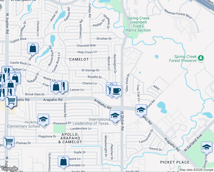 map of restaurants, bars, coffee shops, grocery stores, and more near 2518 Royalty Drive in Garland