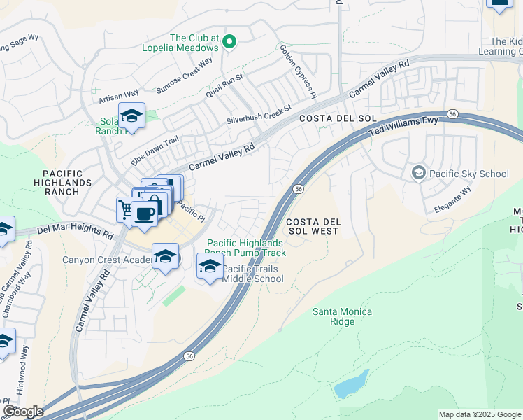 map of restaurants, bars, coffee shops, grocery stores, and more near 6161 Verda Lane in San Diego