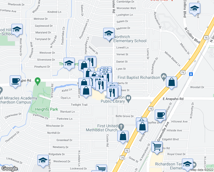 map of restaurants, bars, coffee shops, grocery stores, and more near 518 West Arapaho Road in Richardson