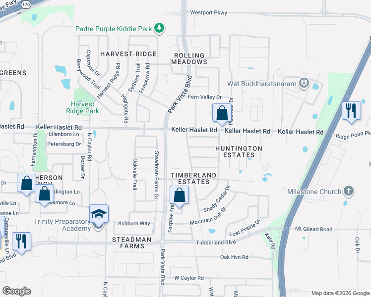 map of restaurants, bars, coffee shops, grocery stores, and more near 12921 Pricklybranch Drive in Fort Worth