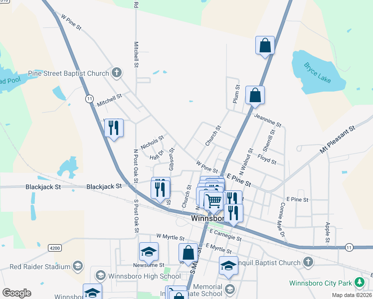 map of restaurants, bars, coffee shops, grocery stores, and more near 602 Strawberry Street in Winnsboro