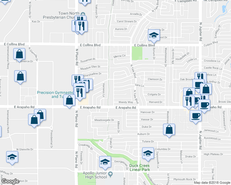 map of restaurants, bars, coffee shops, grocery stores, and more near 1601 Stacey Court in Richardson