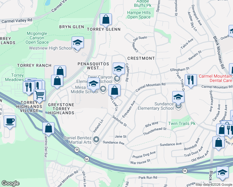map of restaurants, bars, coffee shops, grocery stores, and more near 13385 Darview Lane in San Diego