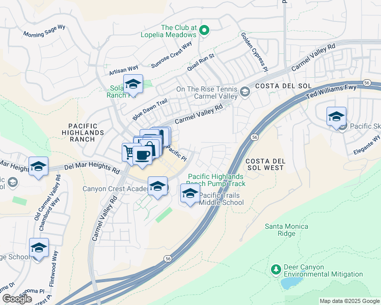 map of restaurants, bars, coffee shops, grocery stores, and more near 6136 Galante Place in San Diego