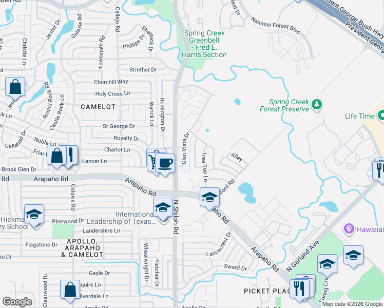 map of restaurants, bars, coffee shops, grocery stores, and more near 5106 Glen Vista Drive in Garland