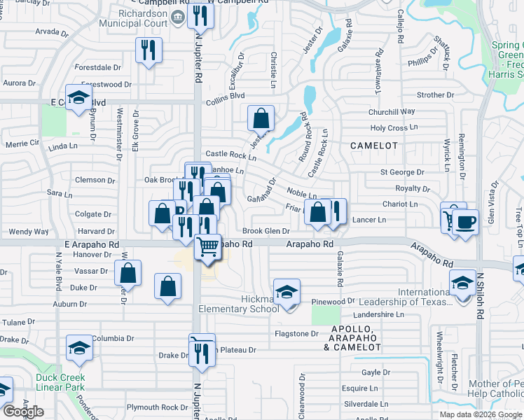 map of restaurants, bars, coffee shops, grocery stores, and more near 3226 Friar Lane in Garland