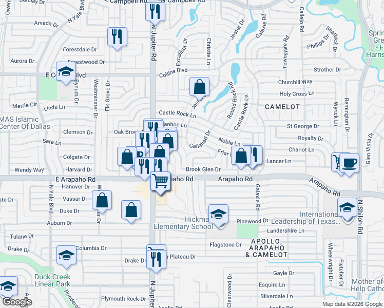 map of restaurants, bars, coffee shops, grocery stores, and more near 5128 Gallahad Drive in Garland