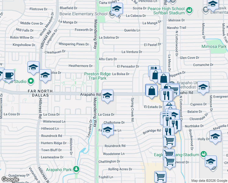 map of restaurants, bars, coffee shops, grocery stores, and more near 7706 La Risa Drive in Dallas