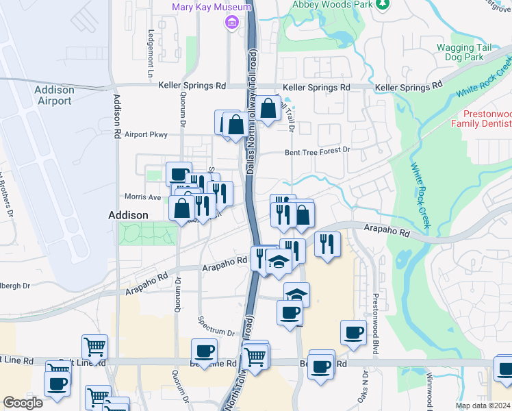 map of restaurants, bars, coffee shops, grocery stores, and more near 15660 Dallas Parkway in Dallas