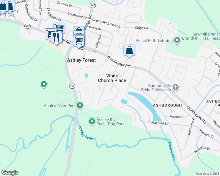 map of restaurants, bars, coffee shops, grocery stores, and more near 103 Glebe Road in Summerville
