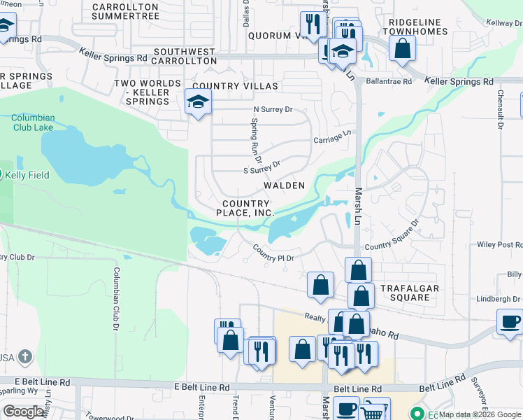 map of restaurants, bars, coffee shops, grocery stores, and more near 2756 Fairwood Avenue in Carrollton