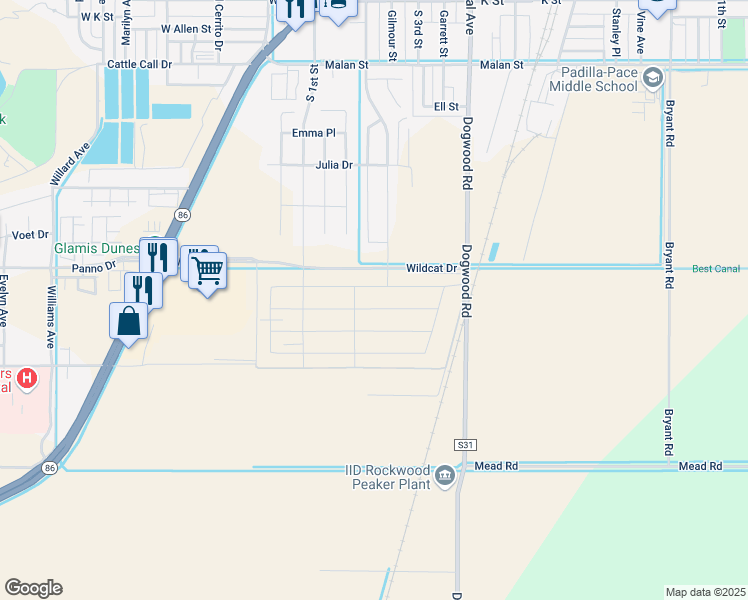 map of restaurants, bars, coffee shops, grocery stores, and more near 183 Appaloosa Street in Brawley