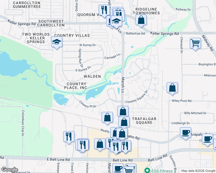 map of restaurants, bars, coffee shops, grocery stores, and more near 1731 Marsh Lane in Carrollton