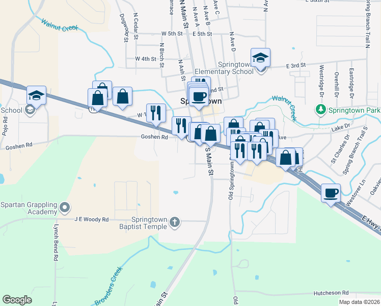 map of restaurants, bars, coffee shops, grocery stores, and more near 408 South Ash Street in Springtown