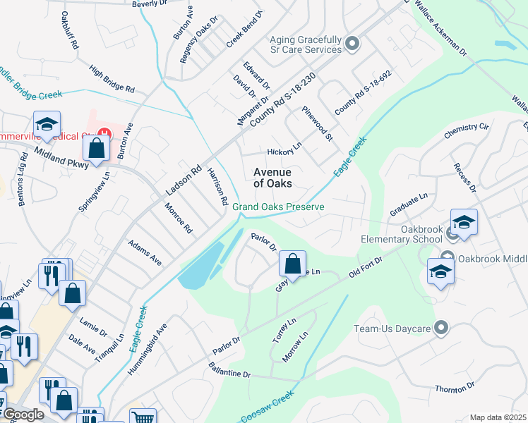 map of restaurants, bars, coffee shops, grocery stores, and more near 251 Grand Oaks Dr in Ladson