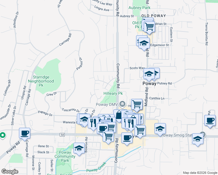 map of restaurants, bars, coffee shops, grocery stores, and more near 13655 Sycamore Tree Lane in Poway