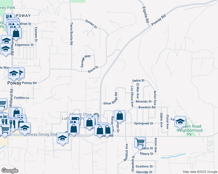 map of restaurants, bars, coffee shops, grocery stores, and more near 14430 Silver Heights Road in Poway