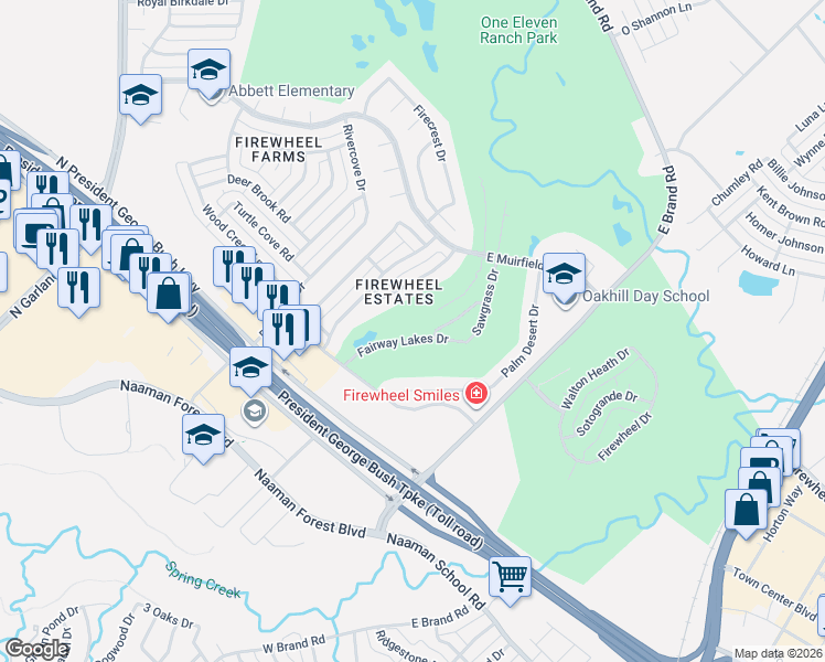 map of restaurants, bars, coffee shops, grocery stores, and more near 601 Fairway Lakes Drive in Garland