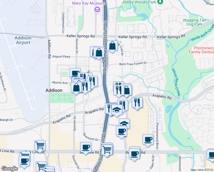 map of restaurants, bars, coffee shops, grocery stores, and more near 15660 Dallas Parkway in Dallas