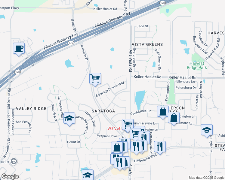 map of restaurants, bars, coffee shops, grocery stores, and more near 3600 Saratoga Downs Way in Fort Worth