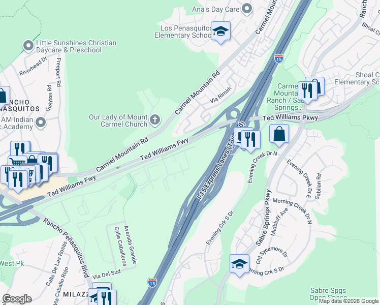 map of restaurants, bars, coffee shops, grocery stores, and more near 10345 Azuaga Street in San Diego