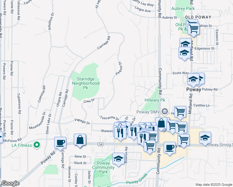 map of restaurants, bars, coffee shops, grocery stores, and more near 13511 Pequot Drive in Poway