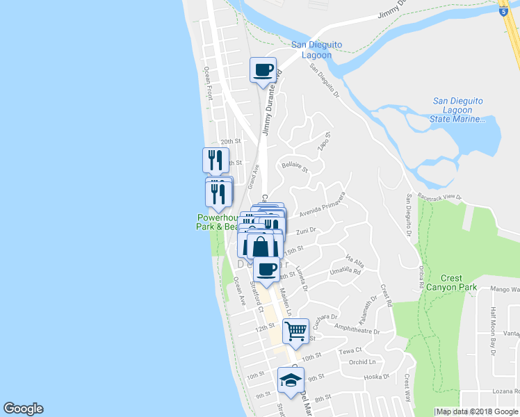 map of restaurants, bars, coffee shops, grocery stores, and more near 1650 Camino Del Mar in Del Mar