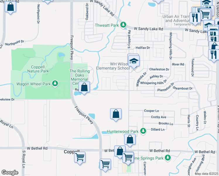 map of restaurants, bars, coffee shops, grocery stores, and more near 96 Oak Village Mobile Home Park in Coppell